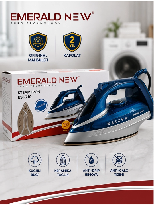 EMERALD NEW kuchli bug‘ va keramik taglikka ega dazmol