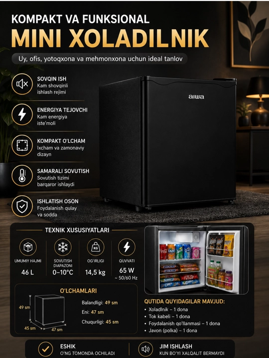 AIWA 46 litr mini xolodilnik, ixcham bir eshikli sovutgich muzlatgich