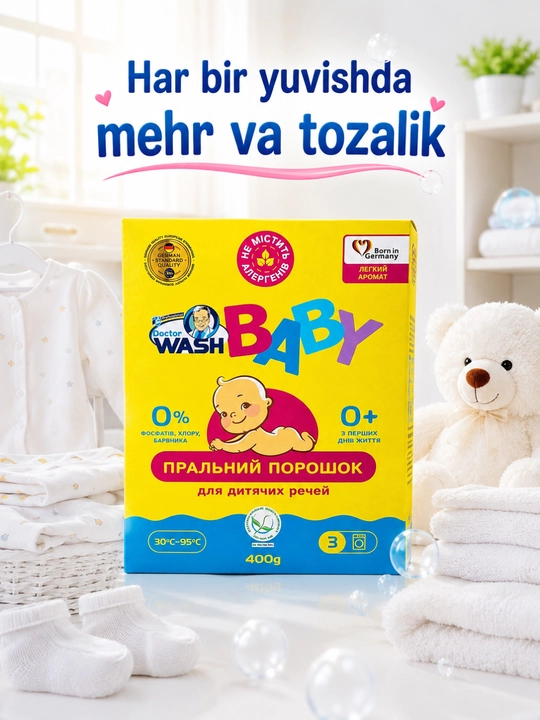Doctor Wash Baby bolalar kiyimlari uchun kir yuvish kukuni, 400 g