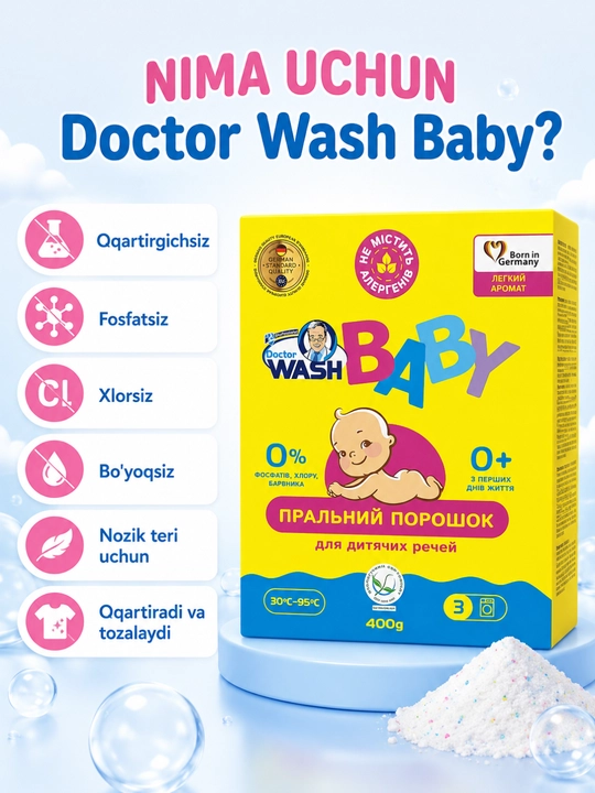 Doctor Wash Baby bolalar kiyimlari uchun kir yuvish kukuni, 400 g