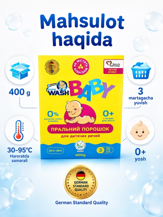 Doctor Wash Baby bolalar kiyimlari uchun kir yuvish kukuni, 400 g