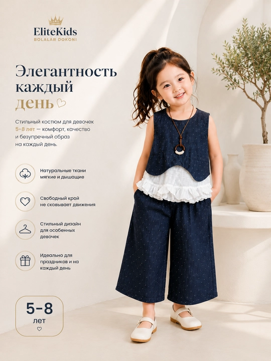 Одежда для девочек 5–8 лет, летняя двойка, кофта и широкие брюки, нарядный комплект