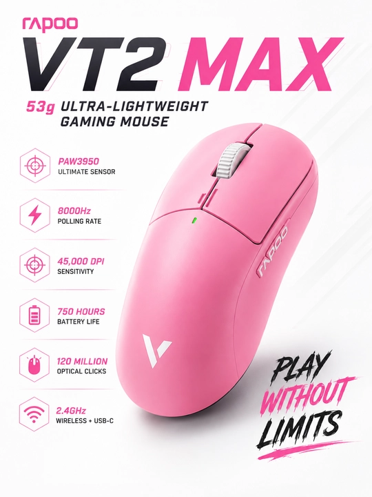 Simsiz geymerlar sichqonchasi Rapoo VT2 Max, 30000 DPI, PAW3950 - 