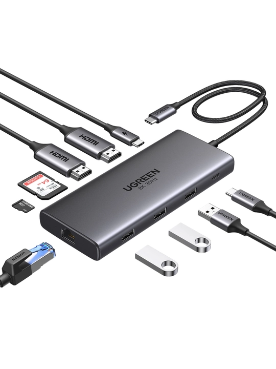 UGREEN USB Type-C Hub 10-в-1, HDMI 8K/4K, USB 3.0 (5 Гбит/с), RJ45 (1 Гбит/с)