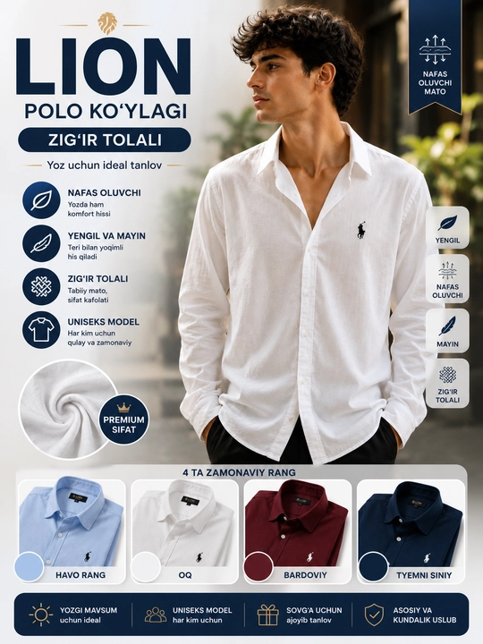 Erkaklar polo ko‘ylagi, yozgi, uniseks, zig‘ir tolali - nafas oluvchi, yengil, asosiy