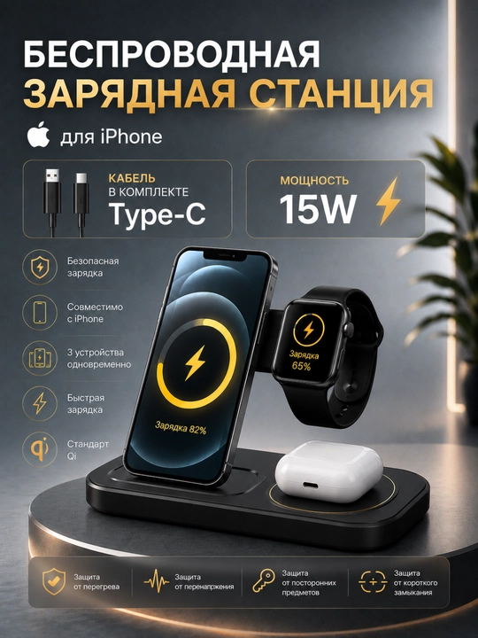 Зарядная станция беспроводная 3 в 1 15W с MagSafe для iPhone, Apple Watch и AirPods - 