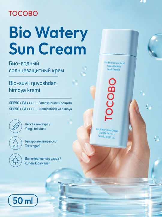 TOCOBO Bio Watery Sun Cream SPF50+ PA++++ quyoshdan himoyalovchi kremi, 50 ml - 