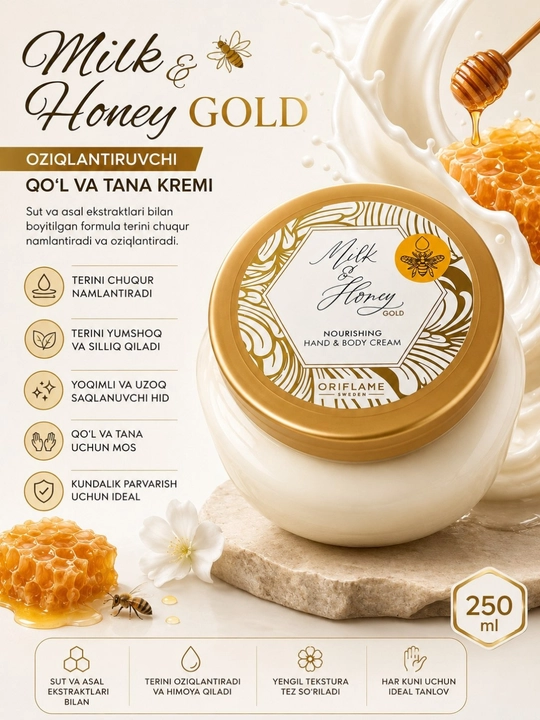 Oriflame Milk Honey Gold oziqlantiruvchi qo'l va tana kremi, sut va asal ekstrakti, 250 ml - 