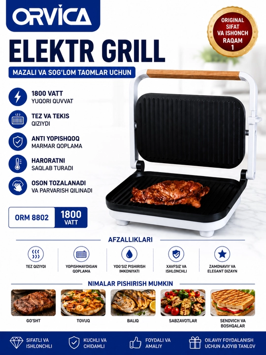 Kuymas qoplamali ORVICA 1800 Vt quvvatli elektr kontaktli gril
