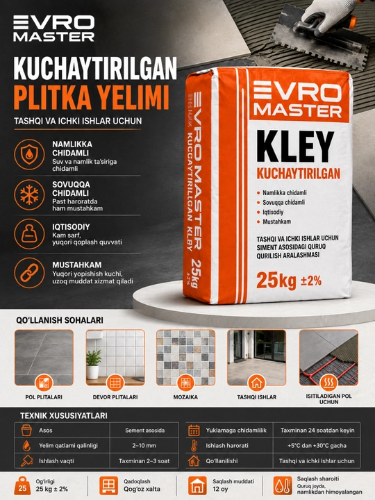 EVRO MASTER Kuchaytirilgan plitka yelimi sement asosli qurilish aralashmasi  kulrang,25 kg