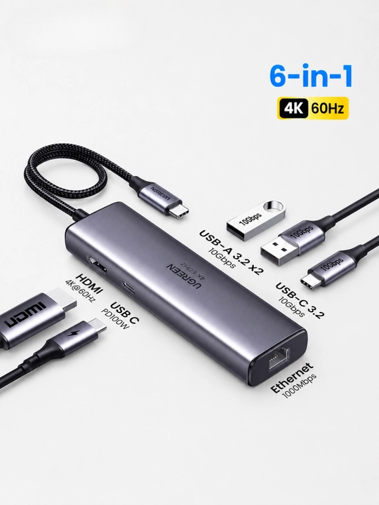 UGREEN USB Type-C Hub 6-in-1, HDMI 4K, USB 3.0, RJ45, USB-C PD