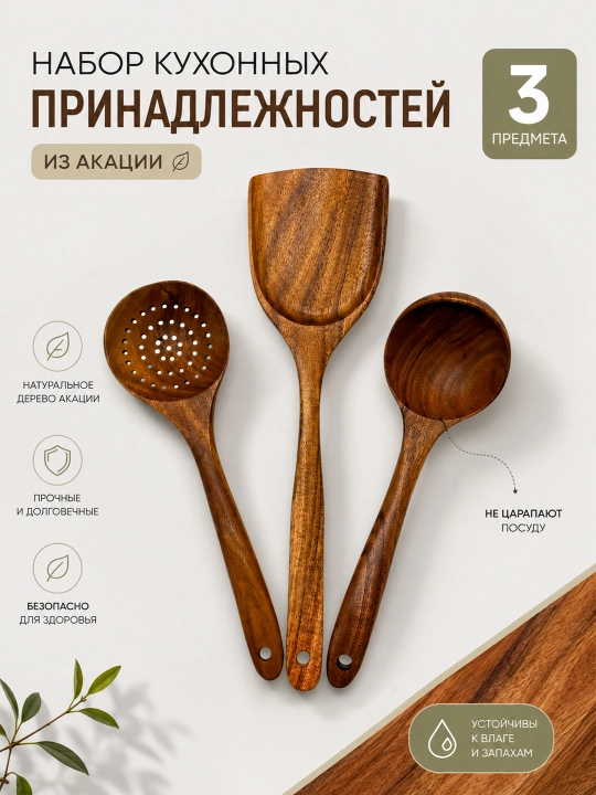 Кухонный набор из акации 3 предмета — ложка, шумовка, половник натуральное дерево - 