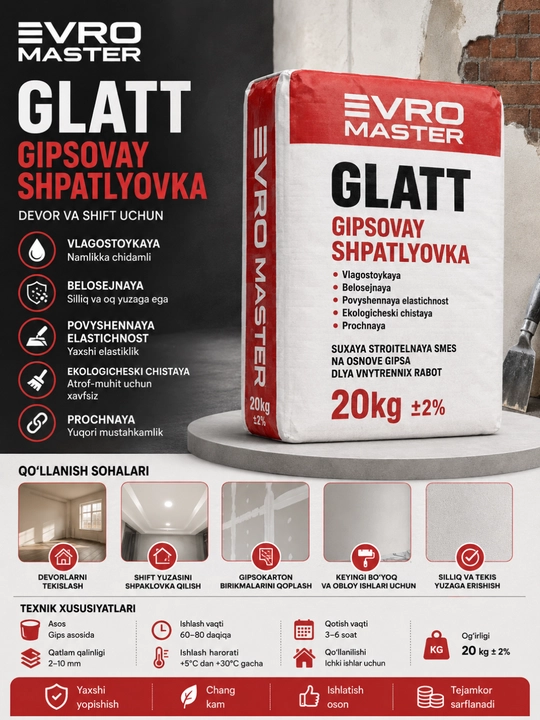 EVRO MASTER GLATT gipsli shpatlyovka 20 kg, ichki pardozlash uchun gips shpaklyovka - 