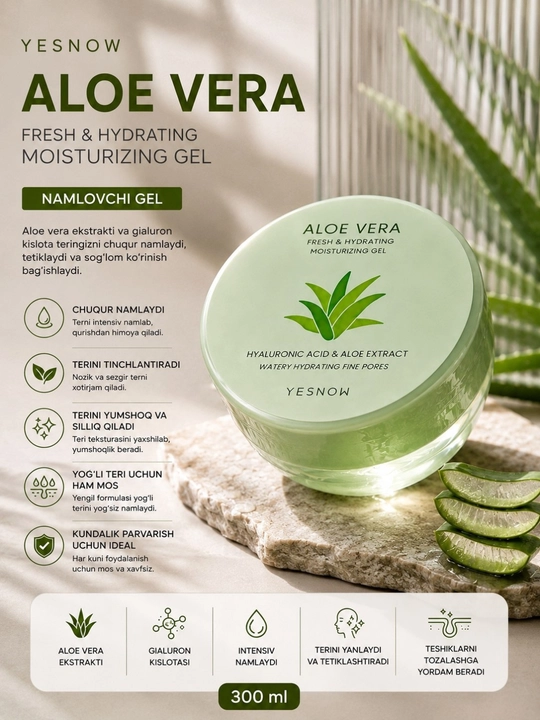 ESNOW Aloe Vera Fresh & Hydrating namlovchi gel, aloe va gialuron kislotasi, 300 ml - 
