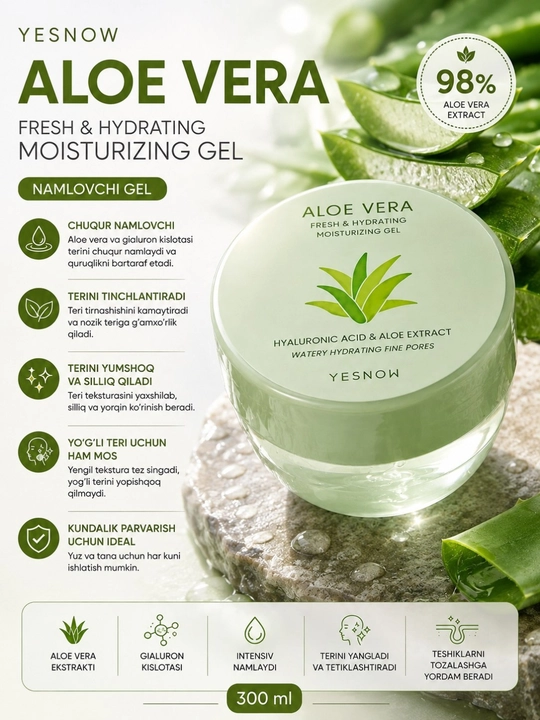 ESNOW Aloe Vera Fresh & Hydrating namlovchi gel, aloe va gialuron kislotasi, 300 ml