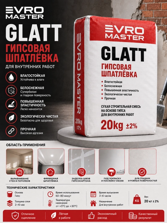 EVRO MASTER GLATT gipsli shpatlyovka 20 kg, ichki pardozlash uchun gips shpaklyovka