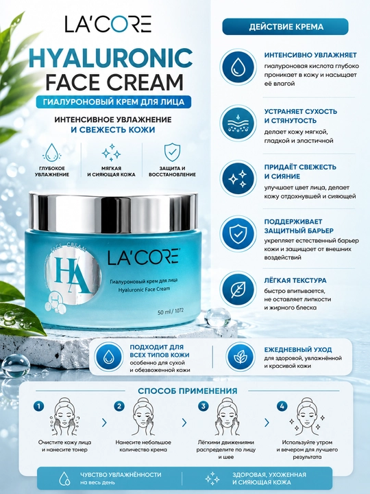 LA'CORE Hyaluronic Face Cream – Gialuron kislotali yuz kremi, 50ml** - 