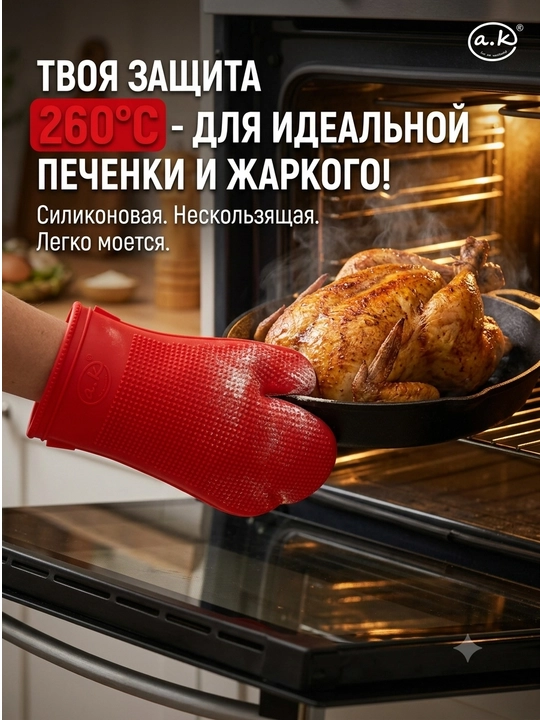 Duxovka va gril uchun issiqqa chidamli silikon qo‘lqop, 260°C gacha