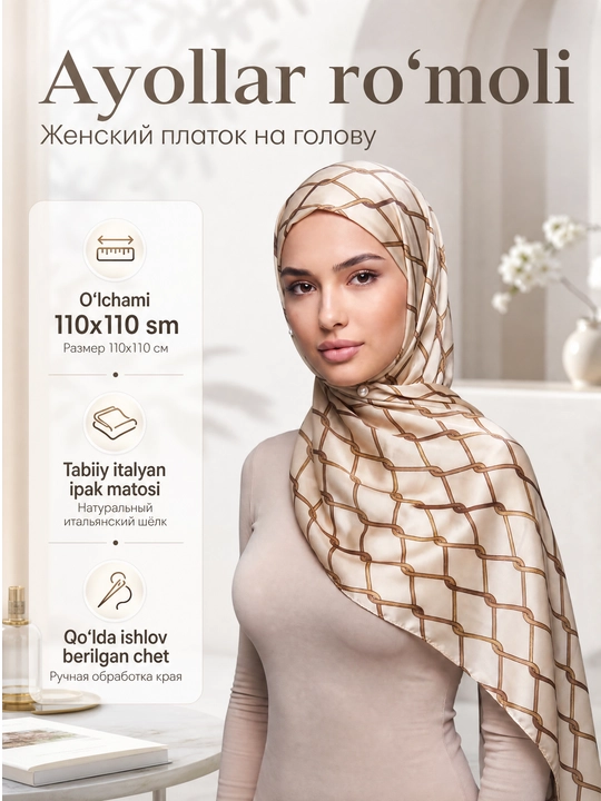 Tabiiy ipakdan tayyorlangan 110x110 sm o‘lchamdagi ayollar ro‘moli - 