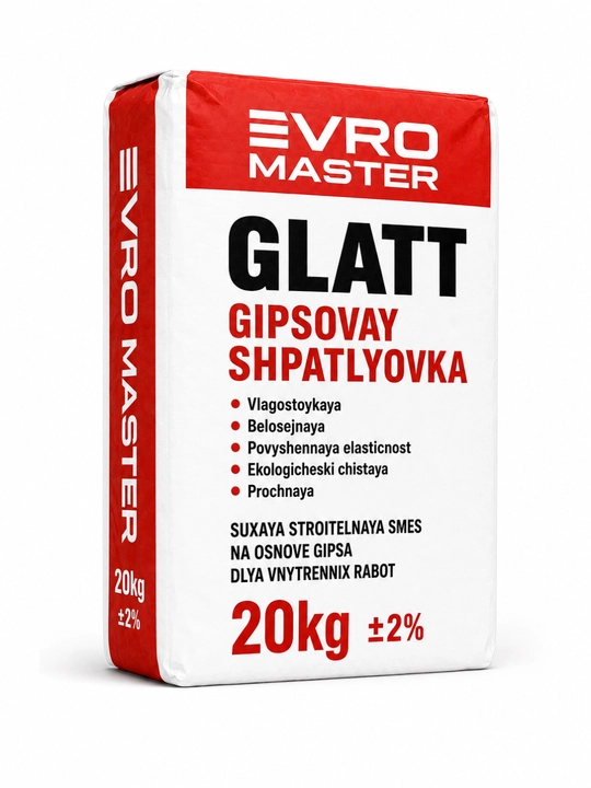 EVRO MASTER GLATT gipsli shpatlyovka 20 kg, ichki pardozlash uchun gips shpaklyovka