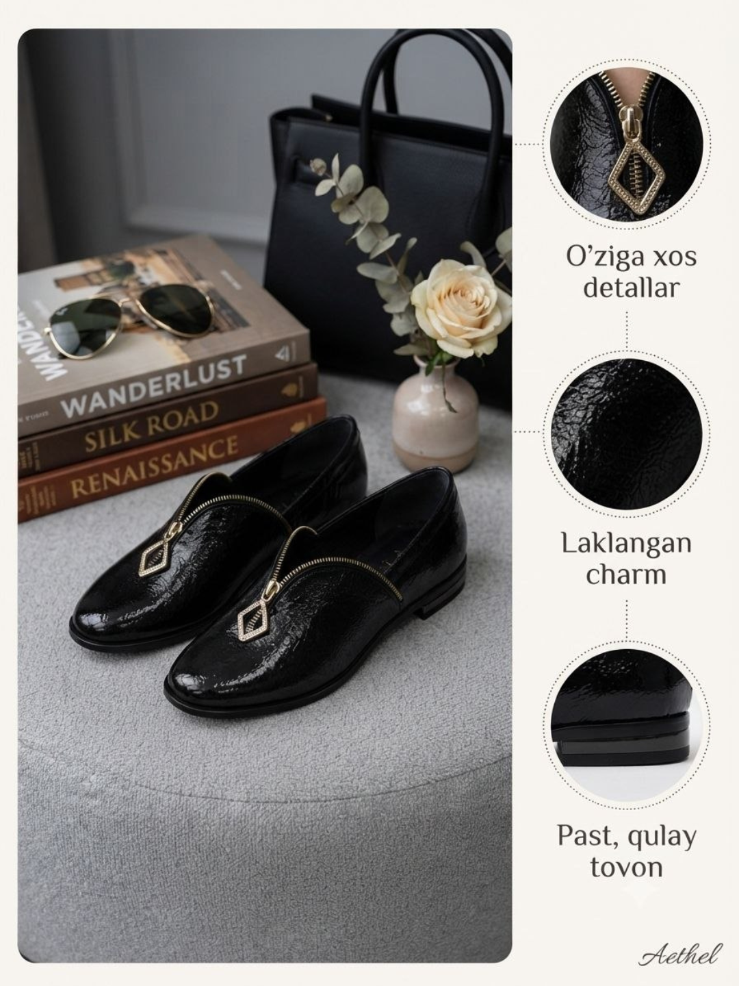Ayollar uchun tuflilar, laklangan, charm, zamsh, zamokli, 35-40