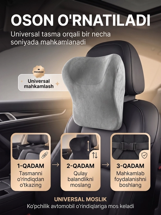 Avtomobil uchun anatomik yostiq, Memory Foam, bo‘yin va bosh tayanchi, universal