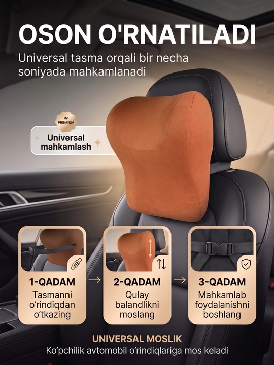 Avtomobil uchun anatomik yostiq, Memory Foam, bo‘yin va bosh tayanchi, universal