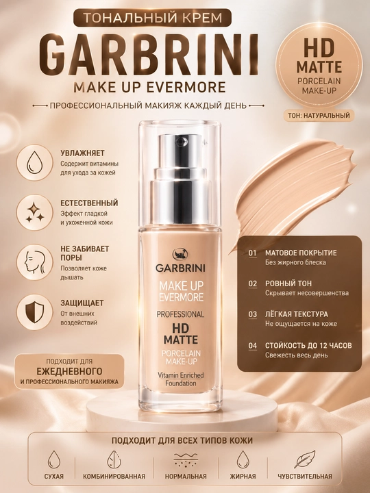 Тональный крем Garbrini HD Matte Make Up Evermore, матовый эффект, Made in Türkiye