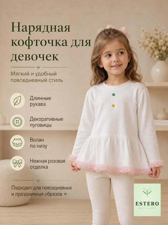 Детская кофта для девочки длинный рукав розовый тюль воланы цветные пуговицы белая 