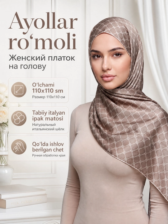 Tabiiy ipakdan tayyorlangan 110x110 sm o‘lchamdagi ayollar ro‘moli - 
