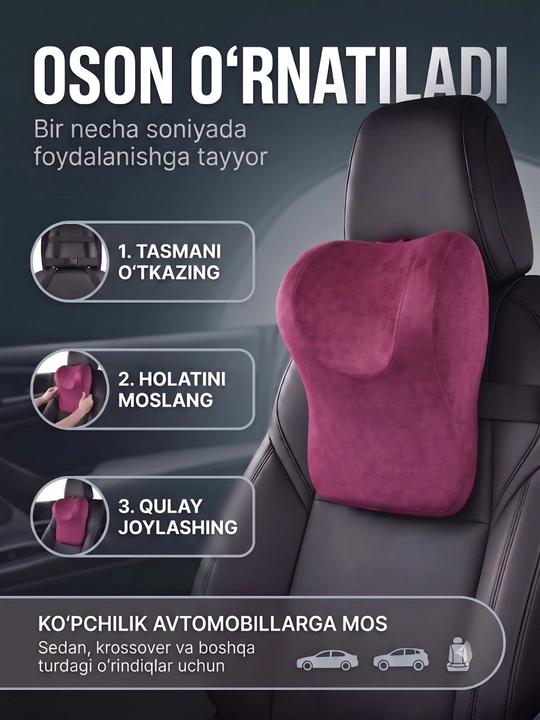 Avtomobil uchun anatomik yostiq, Memory Foam, bo‘yin va bosh tayanchi, universal