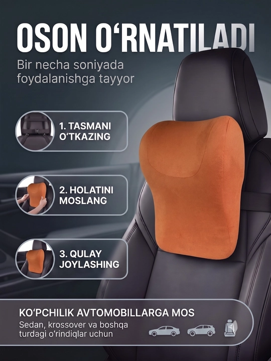 Avtomobil uchun anatomik yostiq, Memory Foam, bo‘yin va bosh tayanchi, universal