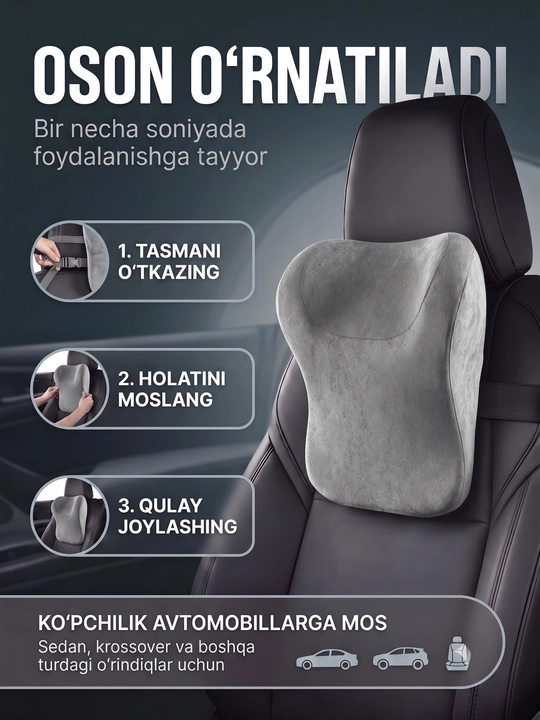 Avtomobil uchun anatomik yostiq, Memory Foam, bo‘yin va bosh tayanchi, universal