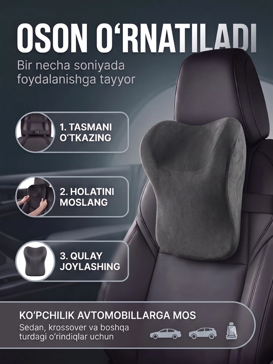 Avtomobil uchun anatomik yostiq, Memory Foam, bo‘yin va bosh tayanchi, universal