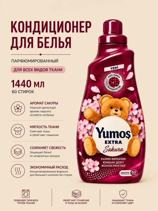 Yumos konditsioner chayish kir yuvish uchun, xushbo‘y hidli, 1440 ml
