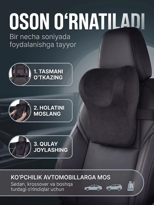 Avtomobil uchun anatomik yostiq, Memory Foam, bo‘yin va bosh tayanchi, universal
