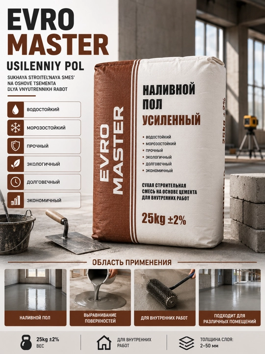 EVRO MASTER Наливной Пол 20 кг Самовыравнивающаяся смесь для пола в помещениях - 