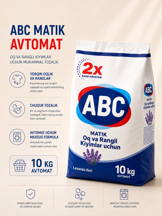 ABC Lavender Freshness — oq va rangli kiyimlar uchun kir yuvish kukuni, 10 kg