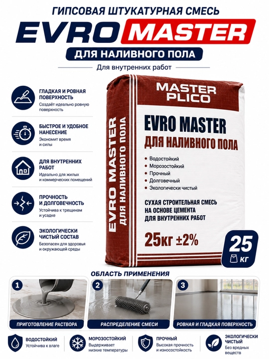 EVRO MASTER Наливной Пол 20 кг Самовыравнивающаяся смесь для пола в помещениях