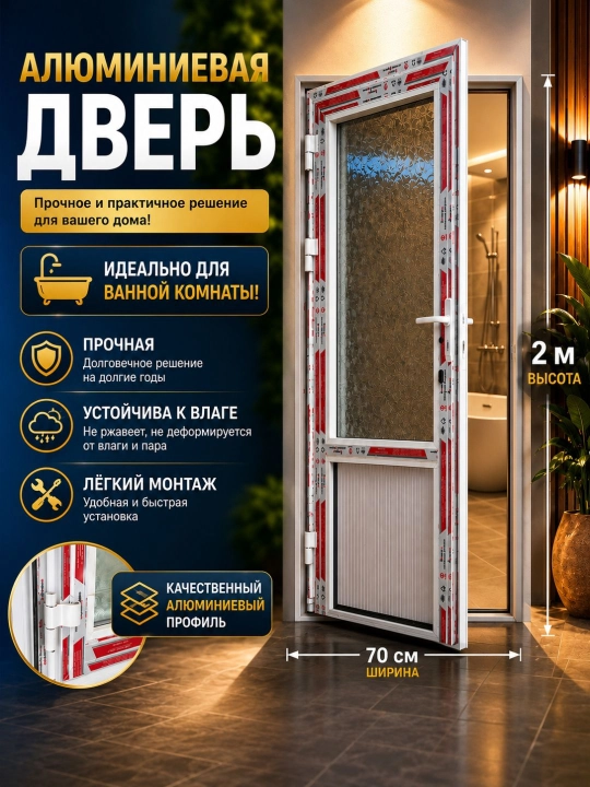 Hammom uchun namlikka chidamli alyuminiy eshik, 70 × 200 sm - 