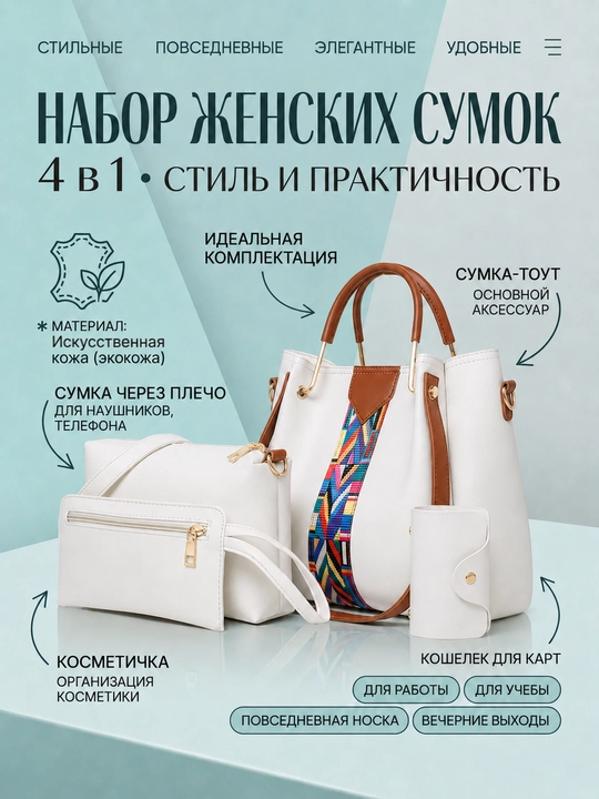 Набор женских сумок 4 в 1, из экокожи - 