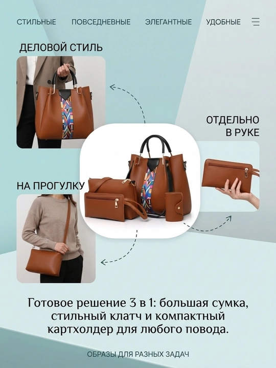 Набор женских сумок 4 в 1, из экокожи