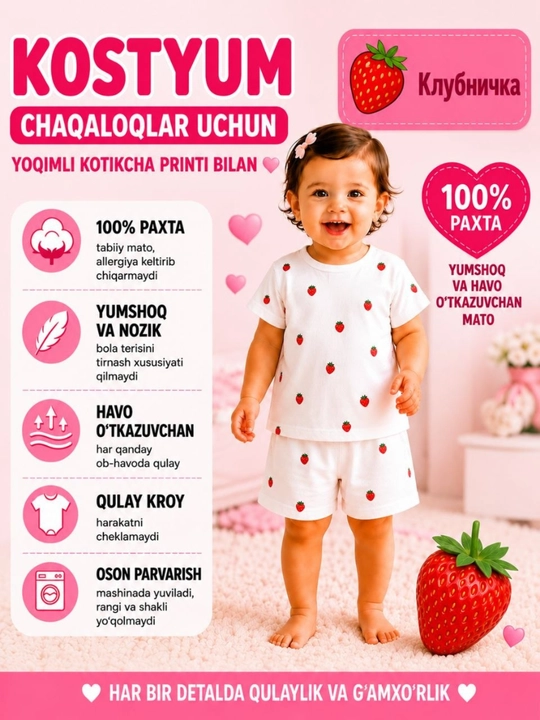 Детский костюм с клубничным принтом 100% хлопок, футболка и шорты для девочки - 