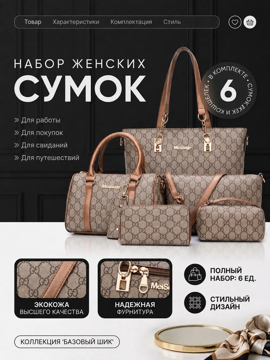 Набор женских сумок 6 в 1 из экокожи с фирменным принтом, бежевый - 