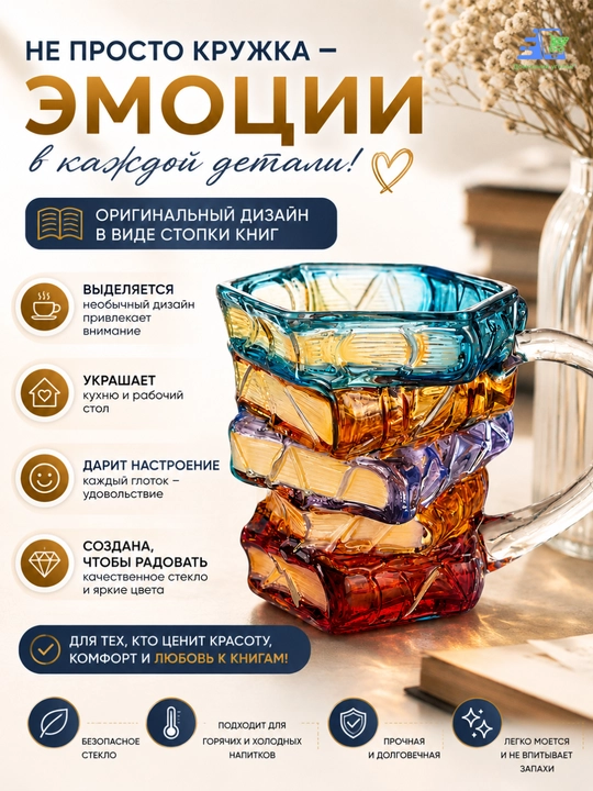 Стеклянная кружка «Стопка книг» с ручкой, оригинальная чашка для кофе и чая