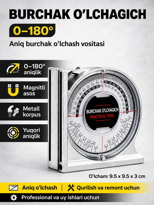 Burchak o‘lchagich (angle finder) 0–180°, universal uglomer