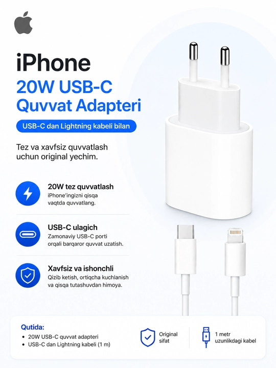 IPhone uchun tezkor quvvatlash to‘plami, adapter, Lightning kabeli - 