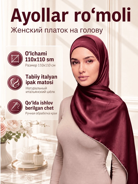 Tabiiy ipakdan tikilgan 110x110 sm o‘lchamdagi ayollar ro‘molchasi - 