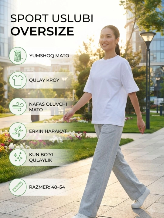Ayollar uchun oversize sport uslubidagi yozgi divoyka — Futbolka va shim komplekti