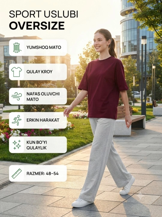 Ayollar uchun oversize sport uslubidagi yozgi divoyka — Futbolka va shim komplekti